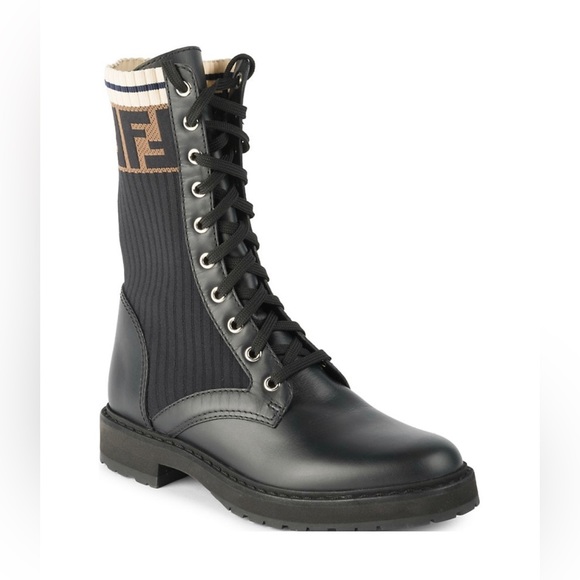 Fendi Shoes - Fendi Rockoko Leather & Knit Combat Boots